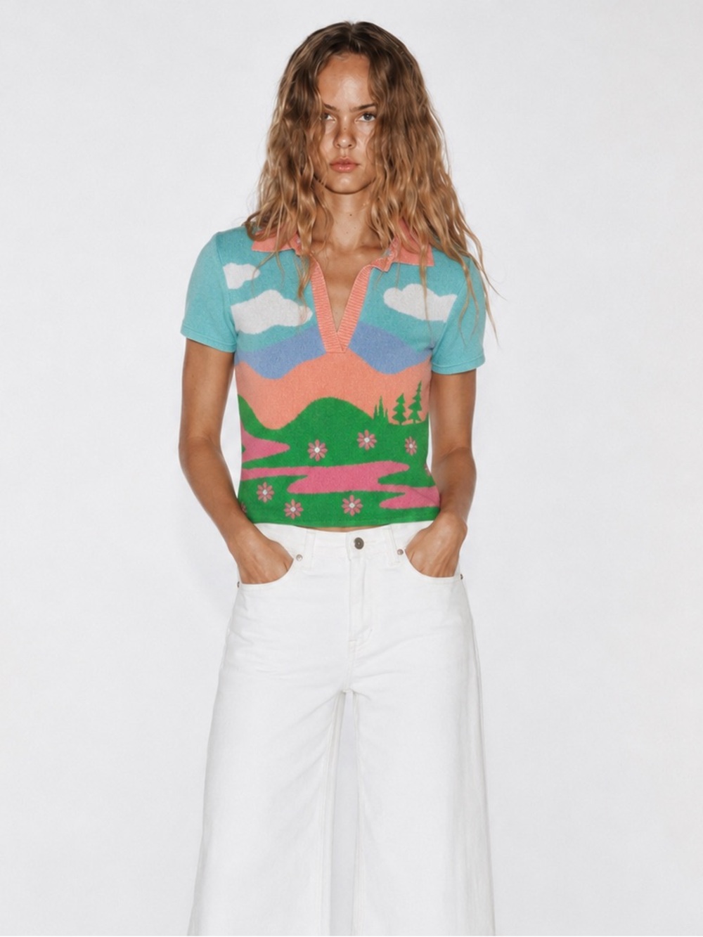 Scenic V-Neck Short Sleeve Sweater in Turquoise, Pink & Green